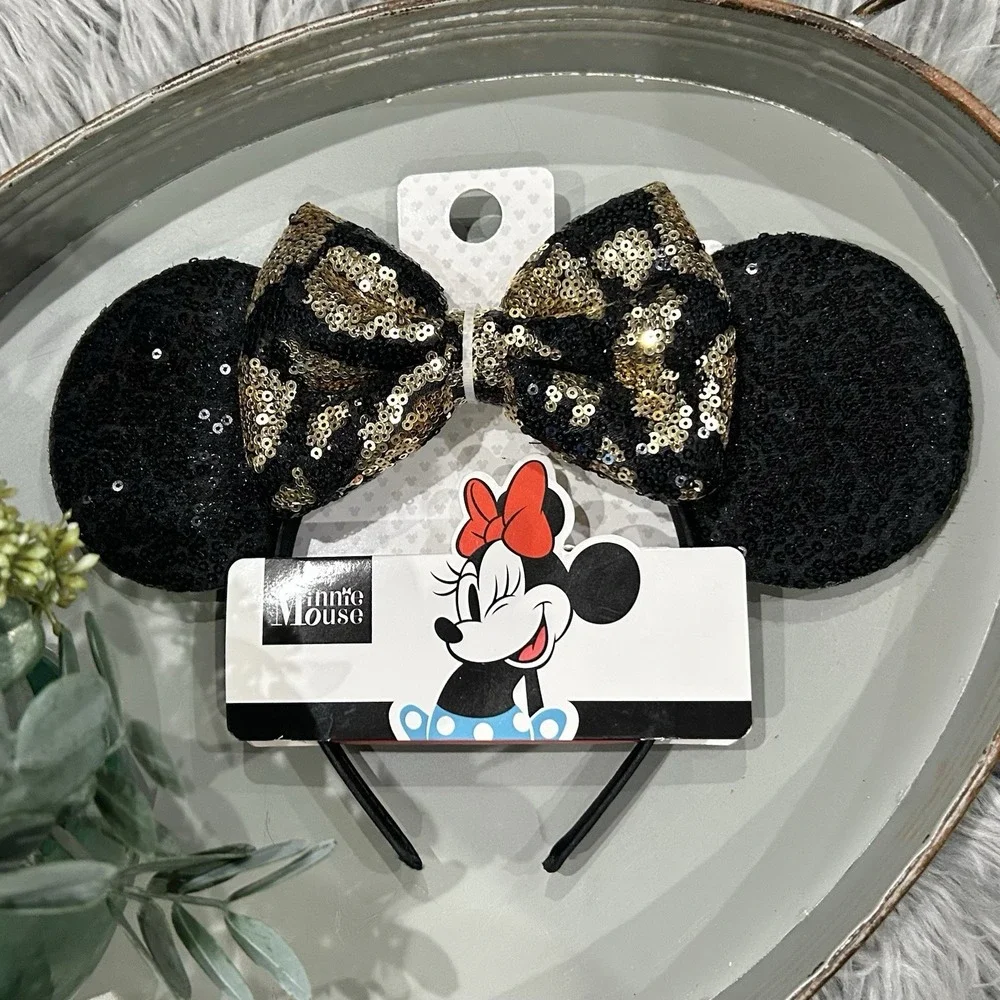 DISNEY Girl's Minnie Mouse Black & Gold Bow Headband with Sequin Ears